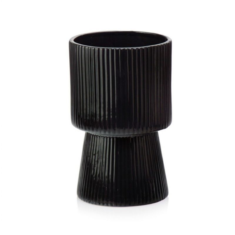 osłonka ceramiczna prążkowana na nóżce czarna 14 cm